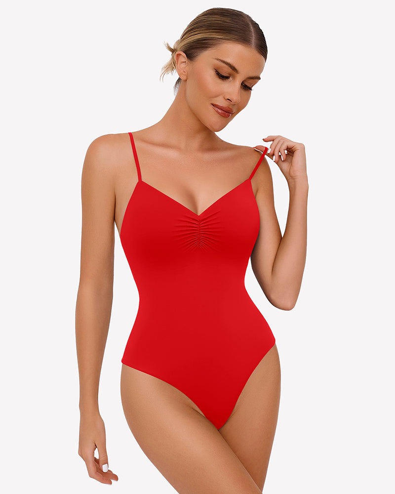 Red ruched V-neck thong bodysuit with adjustable straps. Sexy lingerie for women.