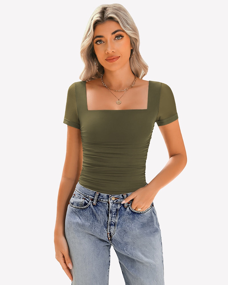 Olive green sheer mesh ruched top with square neck. Soft, breathable fabric, paired with jeans.
