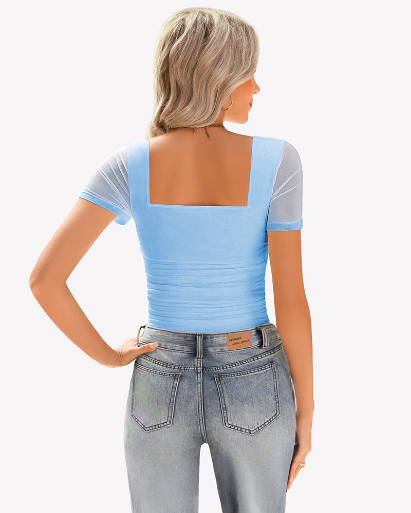 Light blue sheer mesh ruched top with square neck, paired with jeans. Soft, breathable fabric.