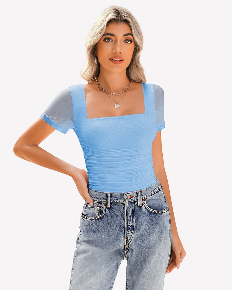 Blue sheer mesh short sleeve ruched top with square neck. Soft, breathable fabric.