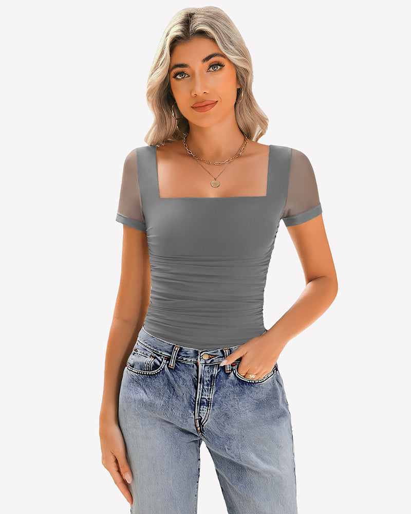 Gray sheer mesh short sleeve ruched top with square neck and jeans. Soft, breathable fabric.