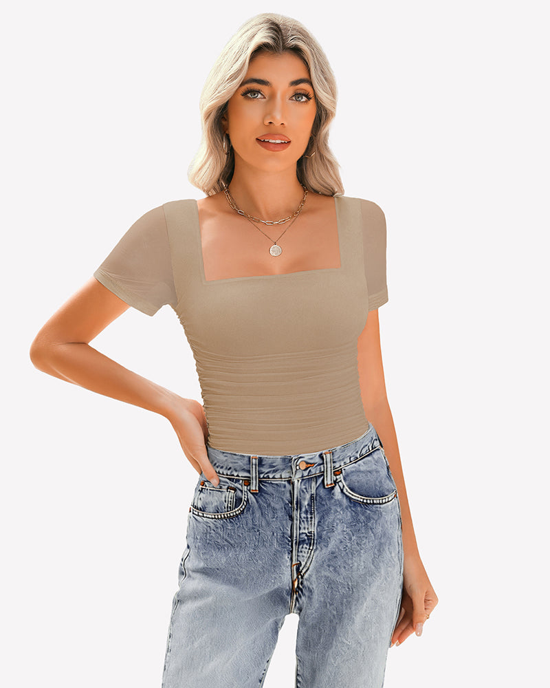 Beige mesh short sleeve ruched top with square neck and jeans. Soft, breathable fabric.