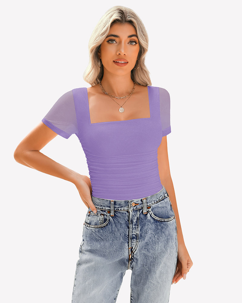 Lavender mesh ruched top with square neck, paired with jeans. Soft, breathable fabric.