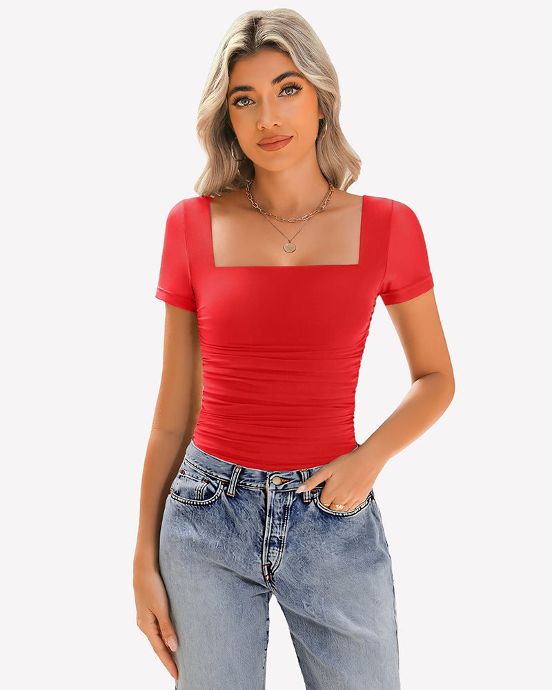 Red sheer mesh ruched top with square neck and jeans. Soft, breathable fabric.