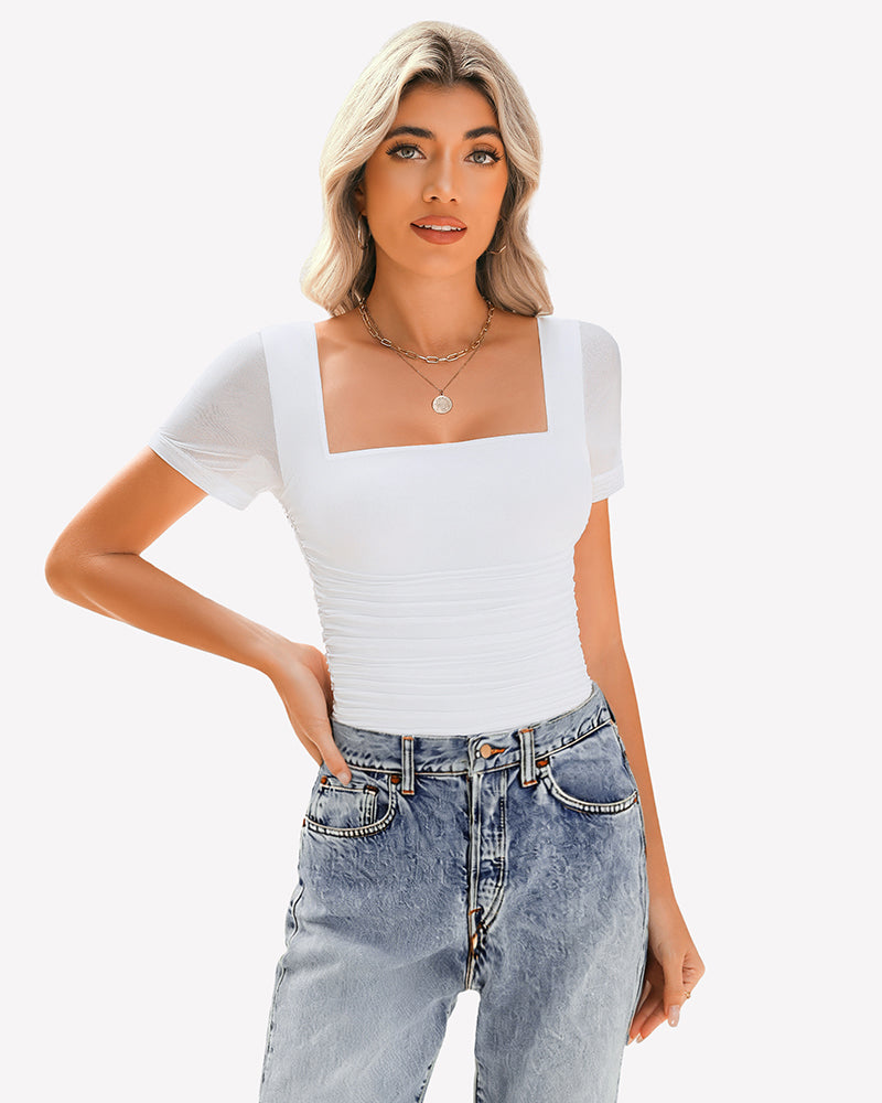White sheer mesh short sleeve ruched top with square neck and jeans. Breathable fabric.