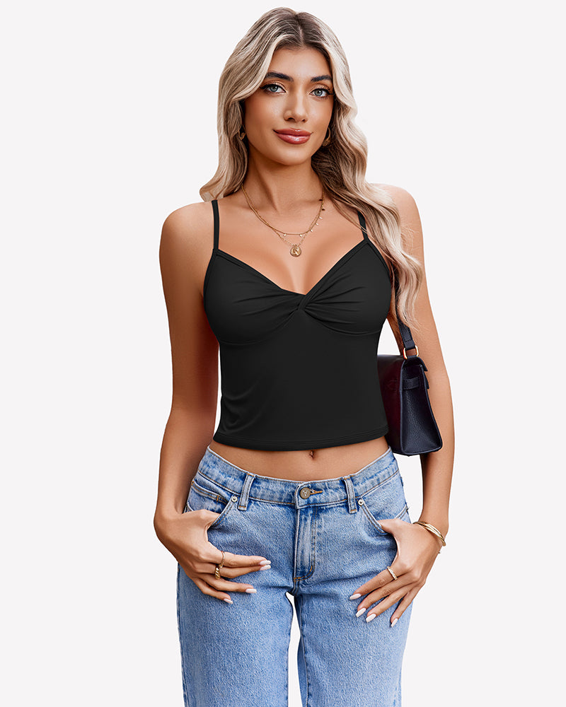 Black twist front V neck crop top with spaghetti straps. Stylish summer top for women