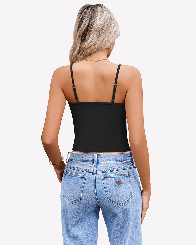 Black spaghetti strap crop top, back view. Summer tank top for women, comfortable and stylish.