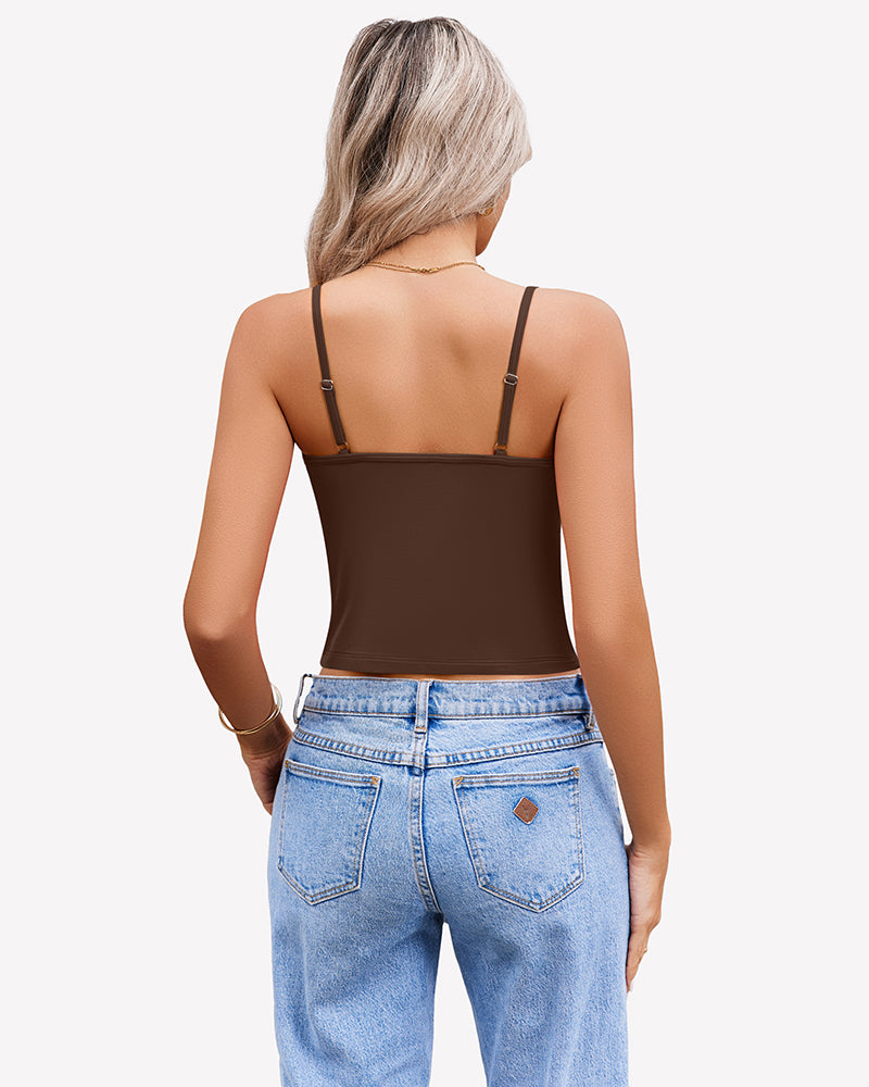 Brown spaghetti strap crop top with adjustable straps. Summer tank top for women, paired with jeans.
