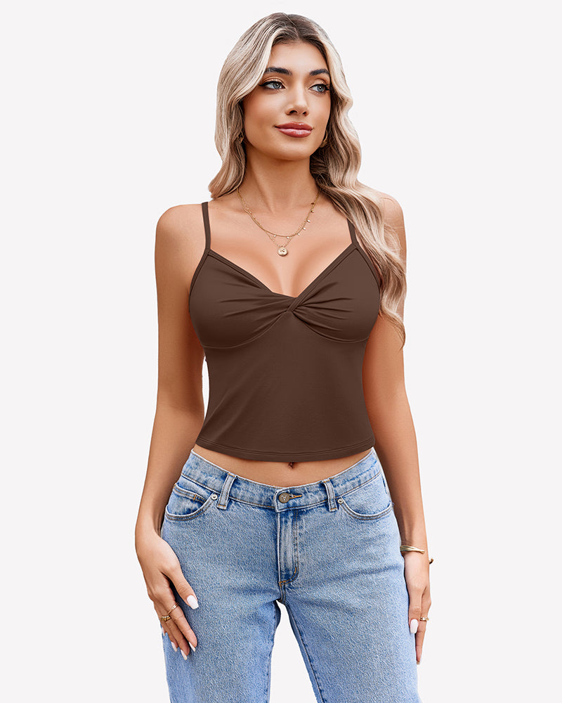 Brown twist front V neck crop top with spaghetti straps. Summer tank top for women.