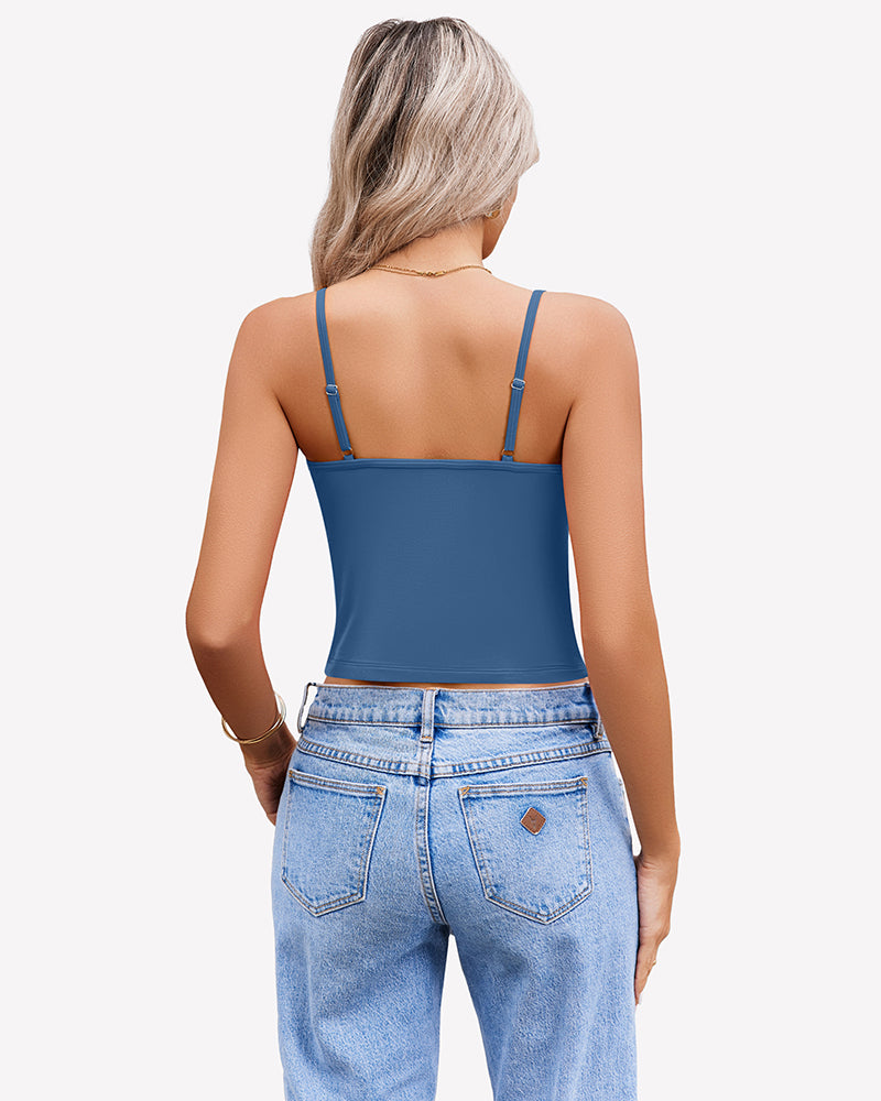 Blue spaghetti strap crop top for women, back view, paired with jeans. Summer tank top.