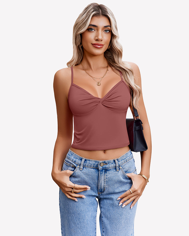 Mauve twist front V neck crop top, spaghetti straps. Stylish summer top with jeans.