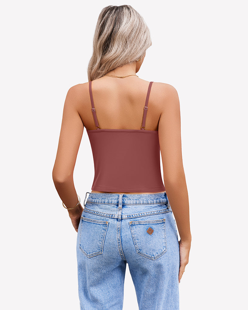 Mauve spaghetti strap crop top with adjustable straps for women, paired with jeans. Summer tank top.