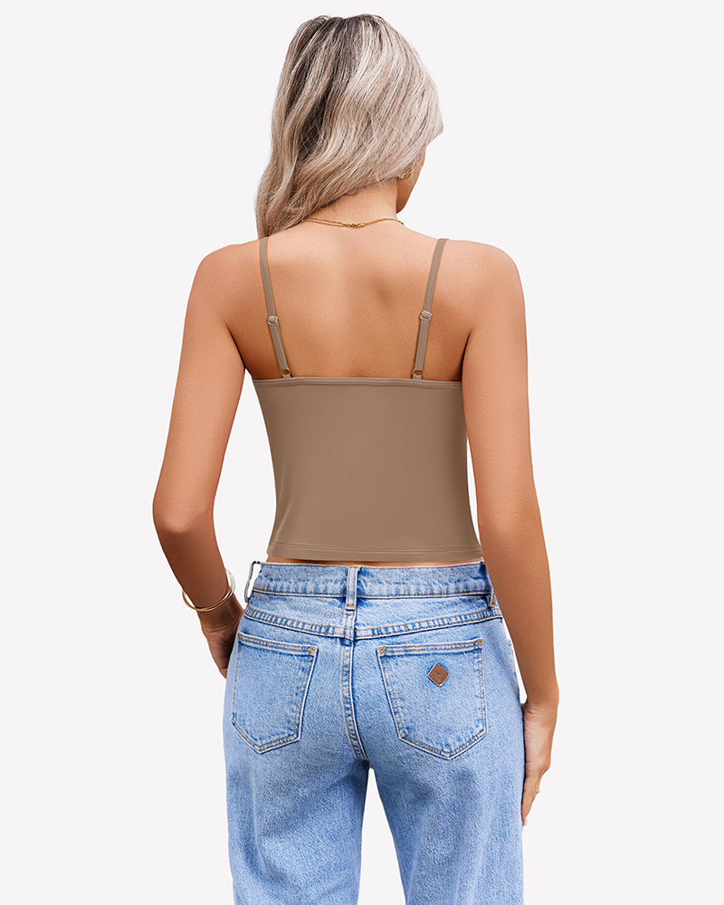 Light brown spaghetti strap crop top for women, paired with light blue jeans. Summer tank top.