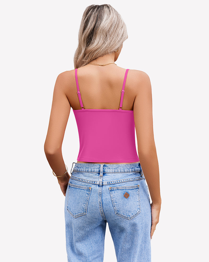 Pink spaghetti strap crop top for women, paired with light blue jeans. Summer tank top.