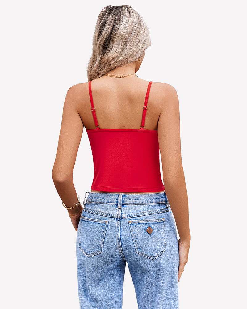 Red spaghetti strap crop top for women, paired with light blue jeans. Summer tank top.