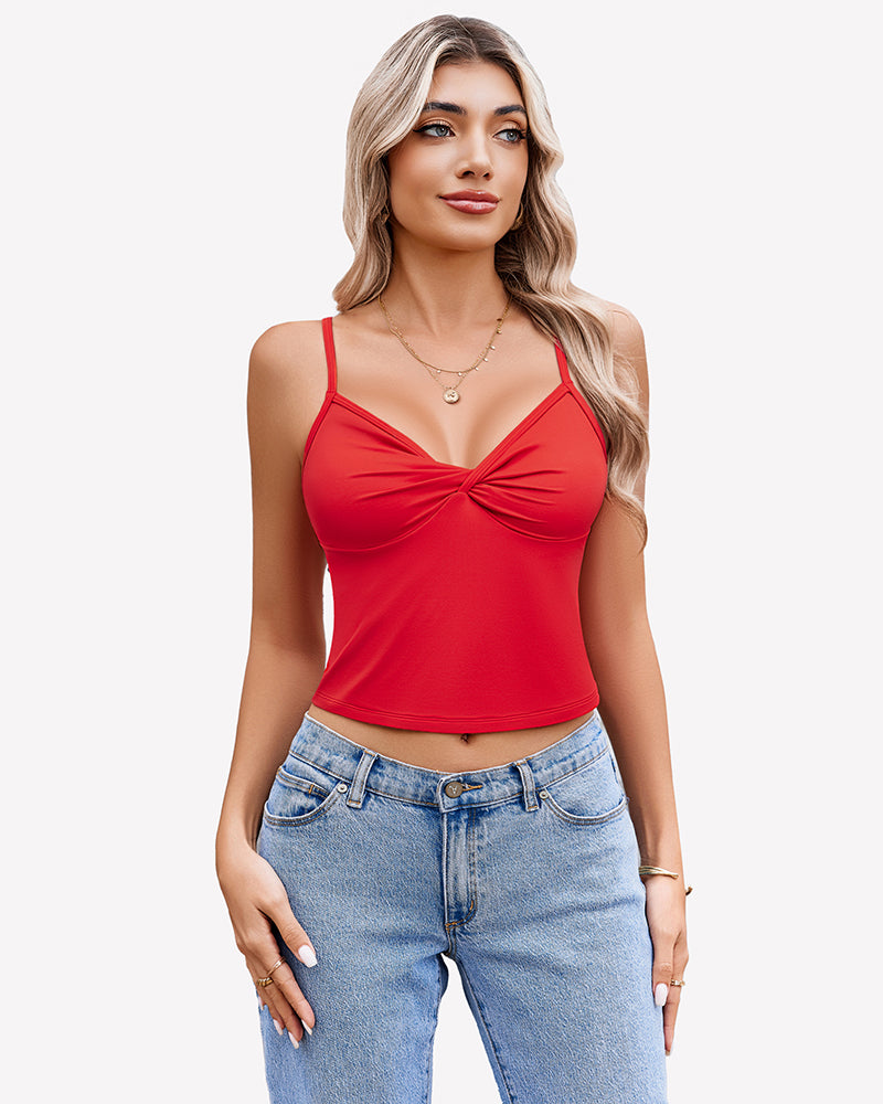 Red twist front V neck crop top with spaghetti straps and jeans. Summer top.