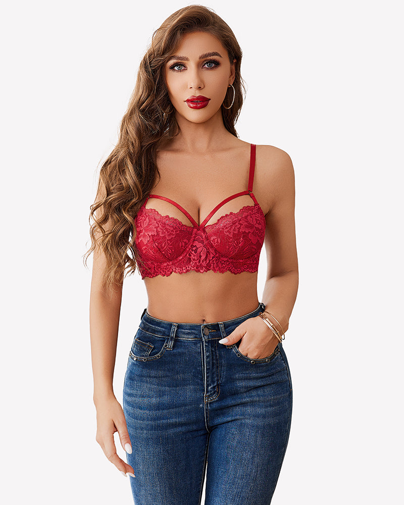 Red lace V-neck bra with adjustable straps and crossband design. Stylish lingerie for everyday wear.