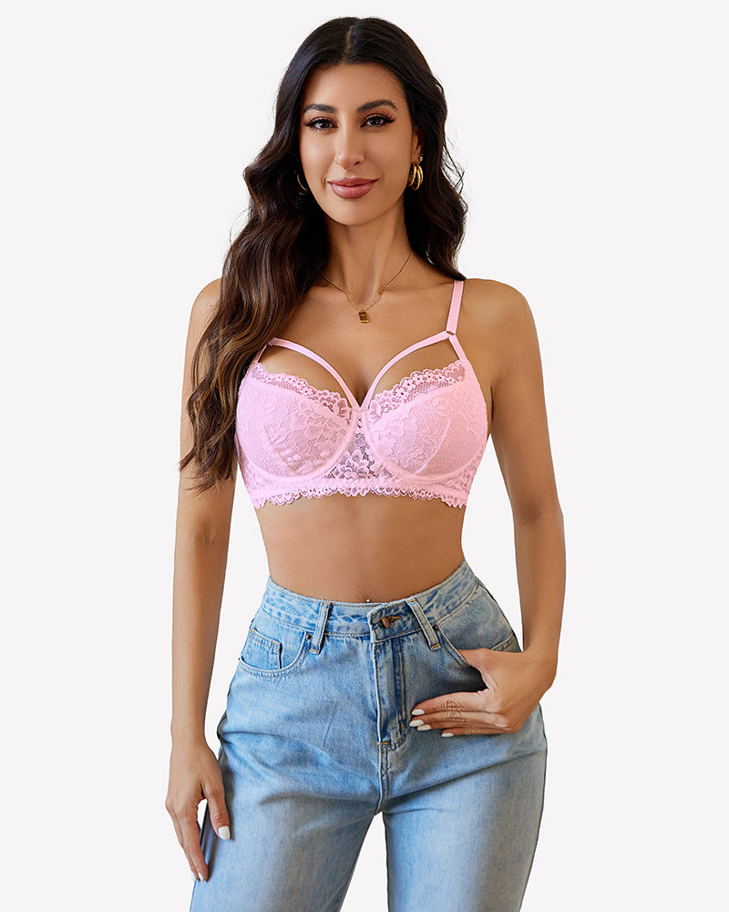 Pink lace V-neck bra with adjustable straps and crossband, stylish lingerie for everyday wear.