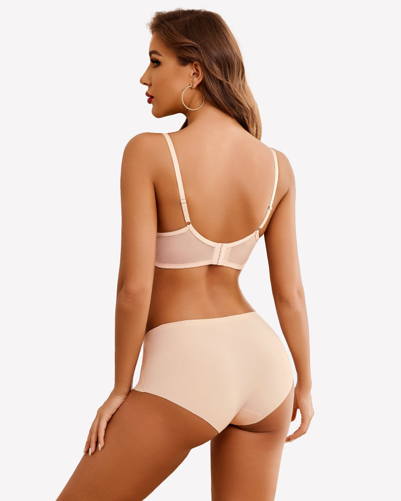 Nude demi push-up bra and boy short lingerie set, adjustable straps, for A-C cups