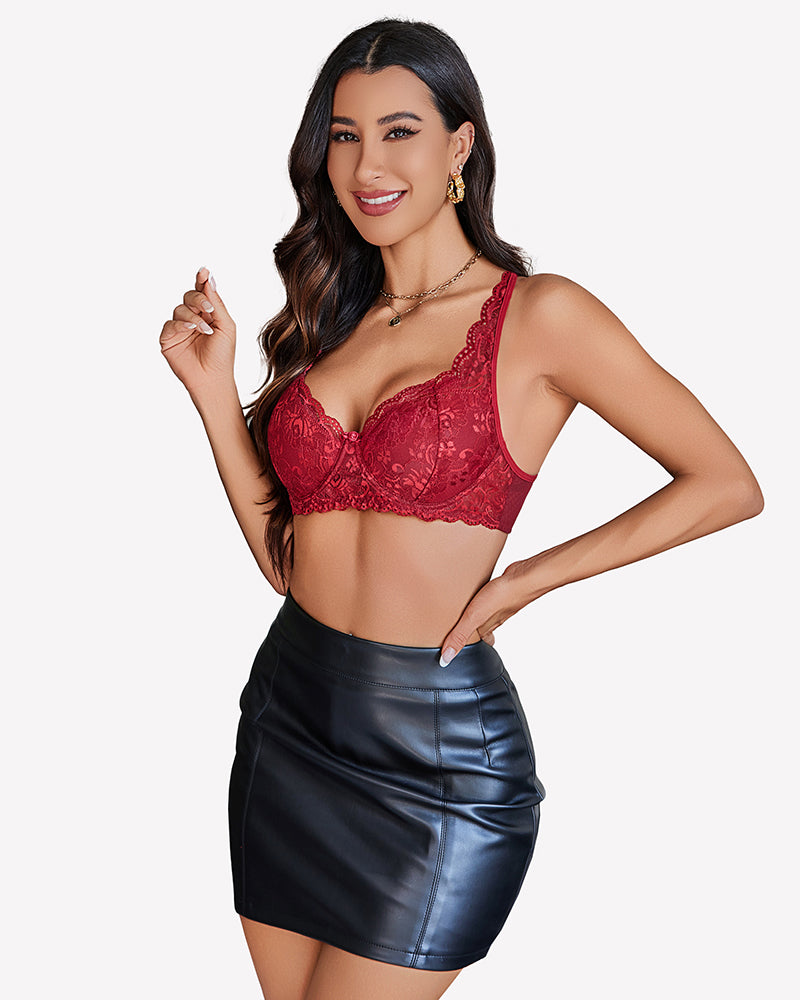 Burgundy lace demi push-up bra, floral design, black skirt, adjustable straps, A-C cups