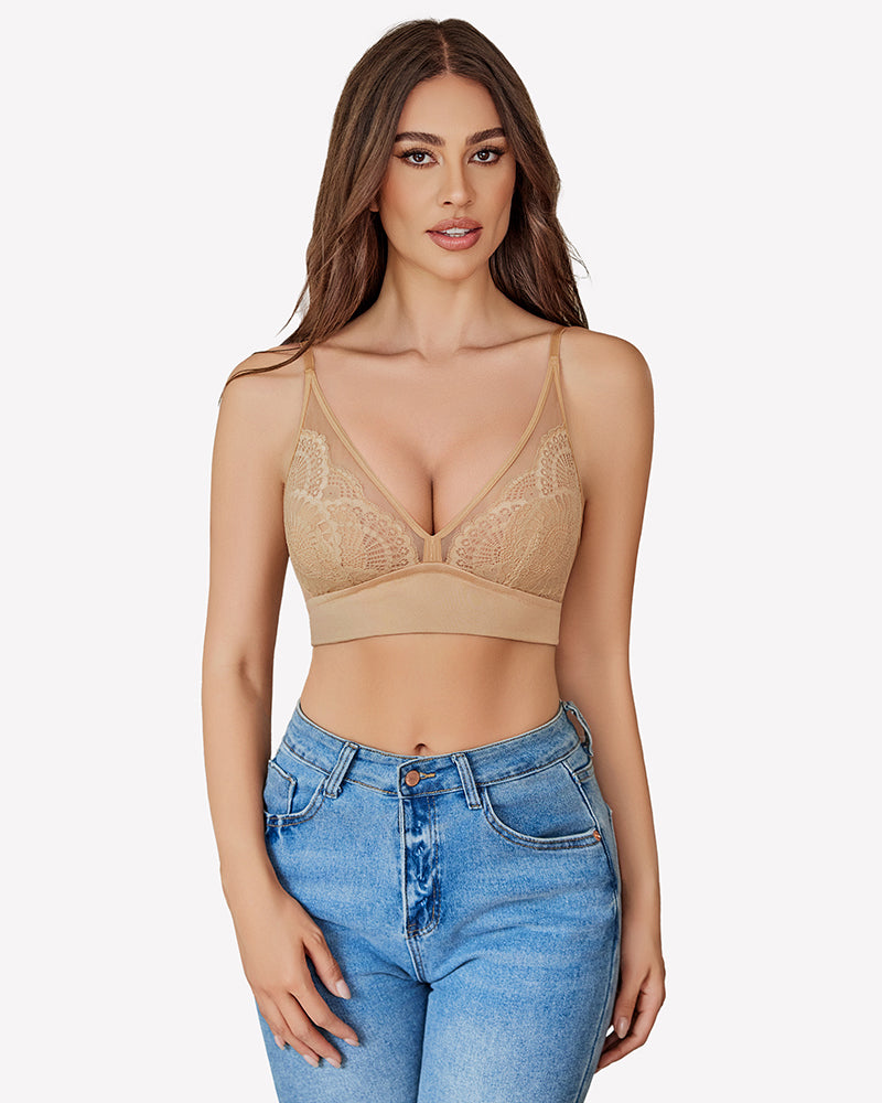 Beige wireless bralette with mesh V-neck and lace detailing, paired with blue jeans, everyday bra