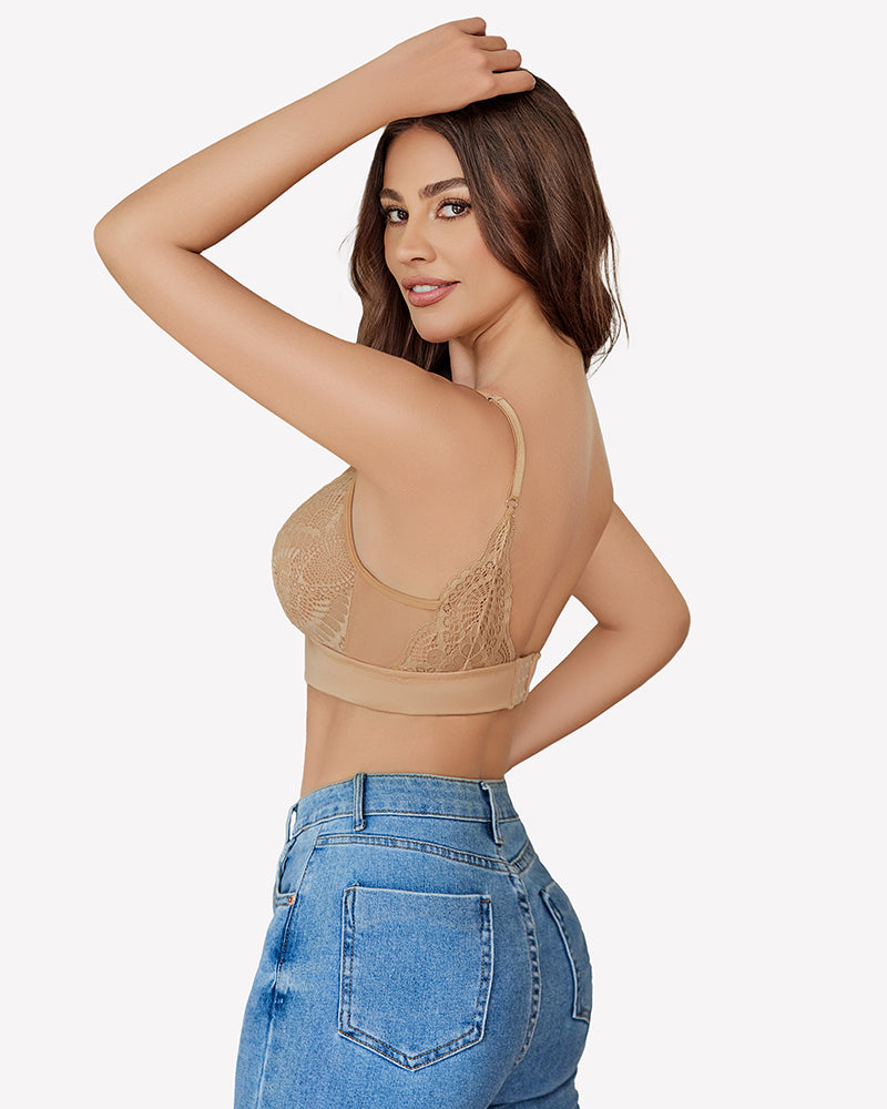 Beige wireless bralette with lace detailing and mesh V-neck, paired with blue jeans, everyday bra