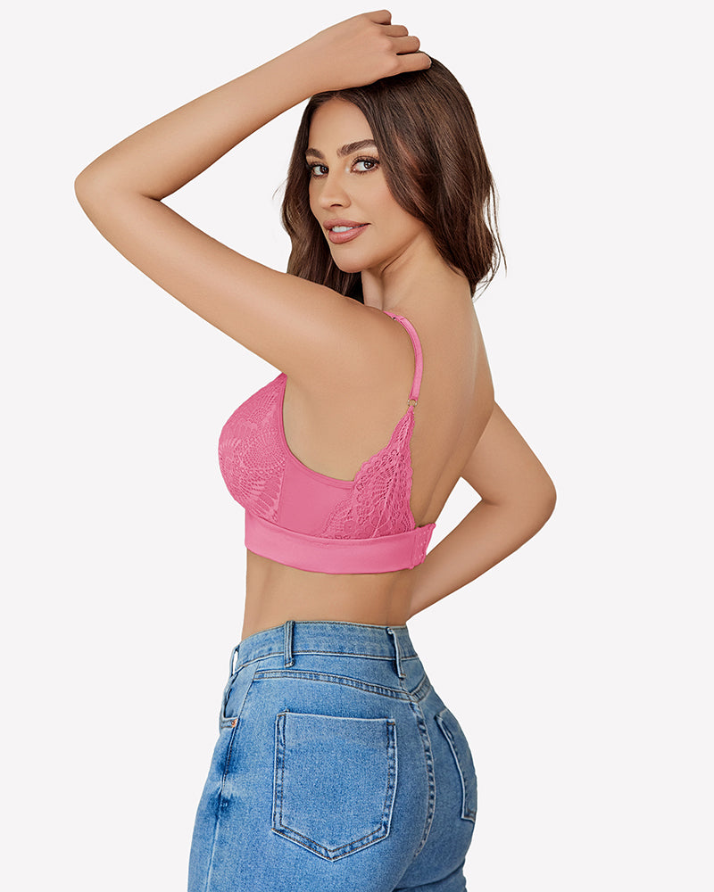 Pink lace wireless bralette with mesh V-neck, paired with blue jeans, everyday bra
