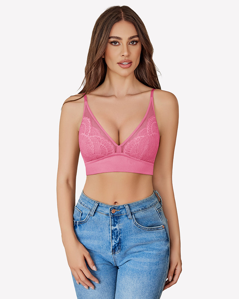 Pink wireless bralette with mesh V-neck and lace detailing, paired with blue jeans, everyday bra