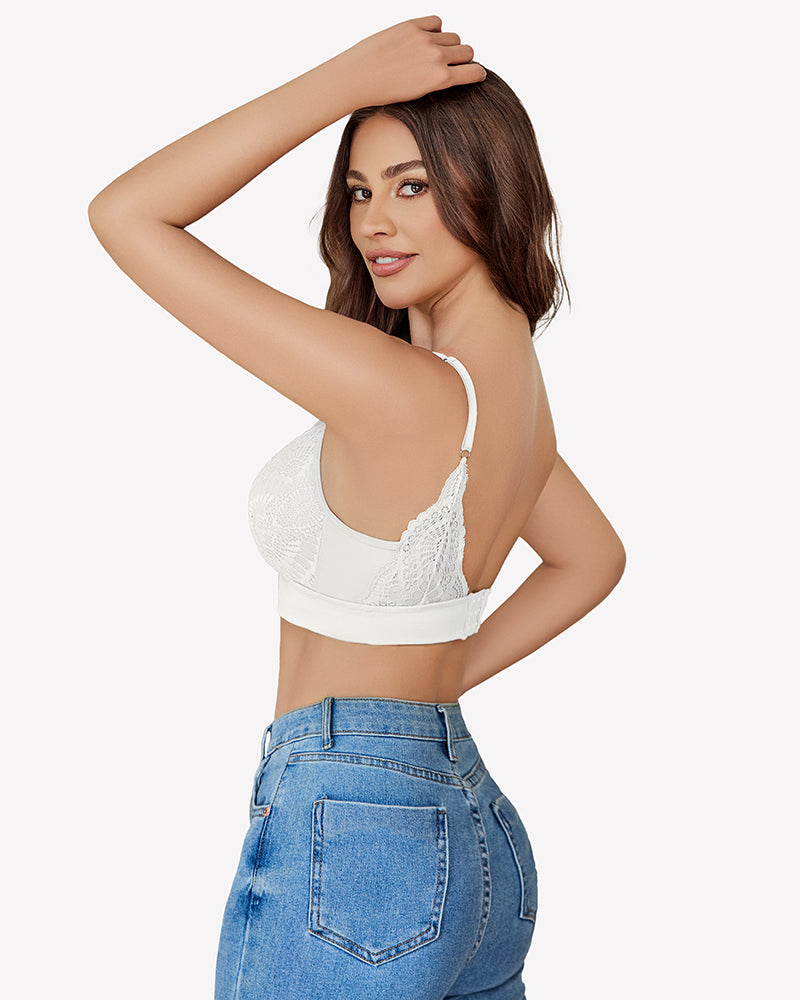 White lace wireless bralette with mesh V-neck, paired with blue jeans, everyday bra
