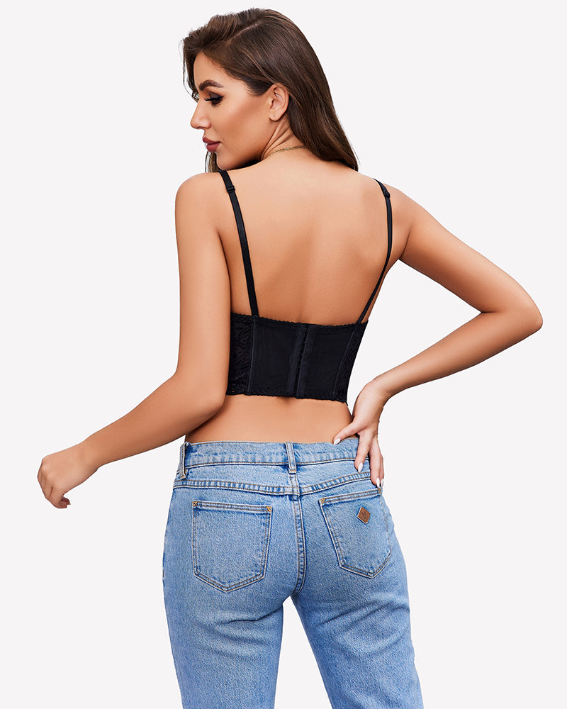 Black lace bustier top with adjustable straps, paired with jeans. Sexy lingerie.