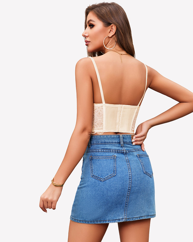 Beige lace underwire bustier top with denim skirt. Sexy lingerie for women, perfect for a date.
