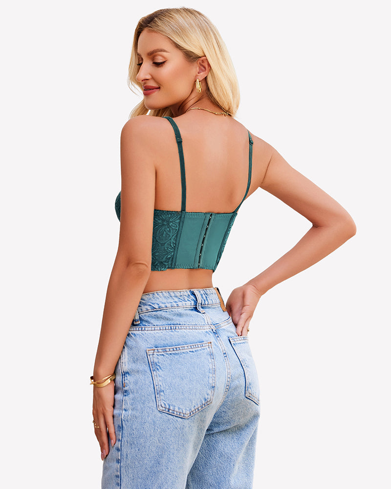 Teal lace bustier top with adjustable straps and jeans. Sexy lingerie.