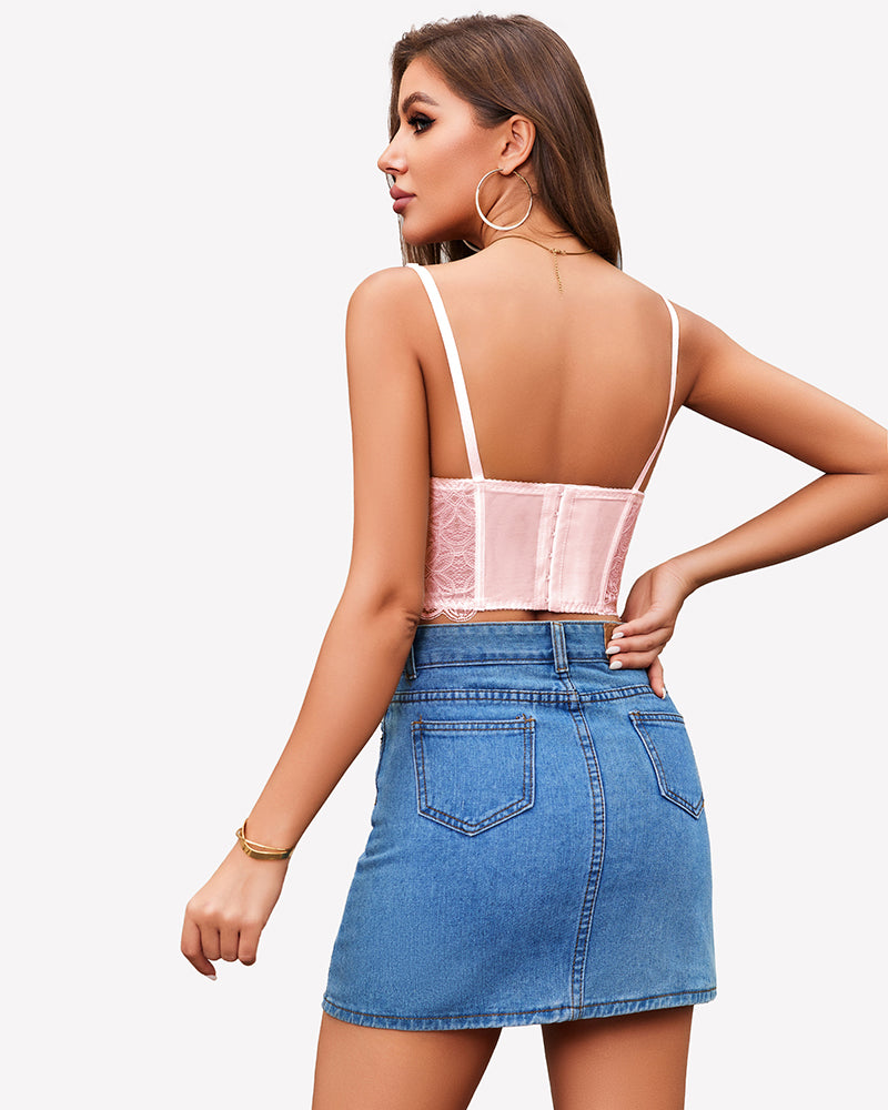 Pink lace underwire bustier top with denim skirt. Sexy lingerie for women.