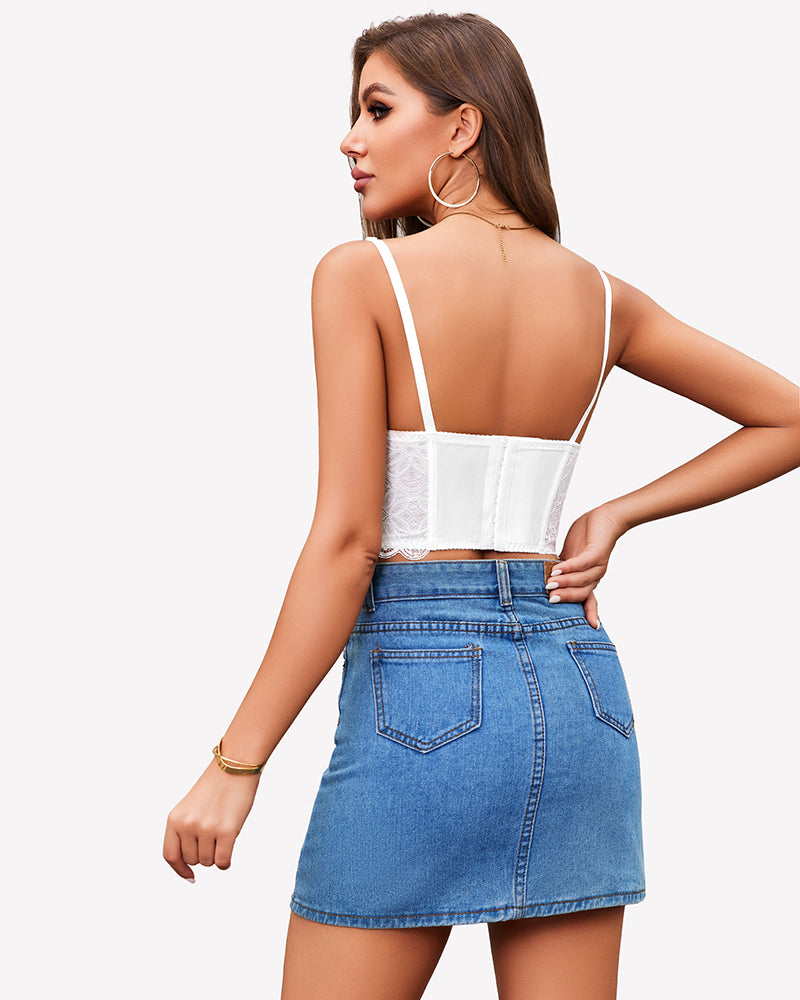 White lace bustier top with adjustable straps and denim skirt. Sexy lingerie for women.