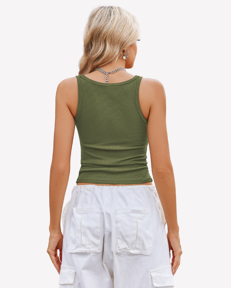 Olive green ribbed racerback top with square neck, sleeveless design, perfect for summer.