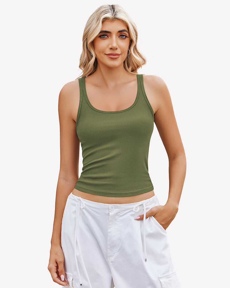 Olive green ribbed racerback top. Comfortable, sleeveless design for a flattering look.