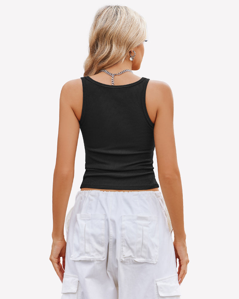 Black ribbed racerback top with square neck, perfect for summer, paired with white cargo pants.