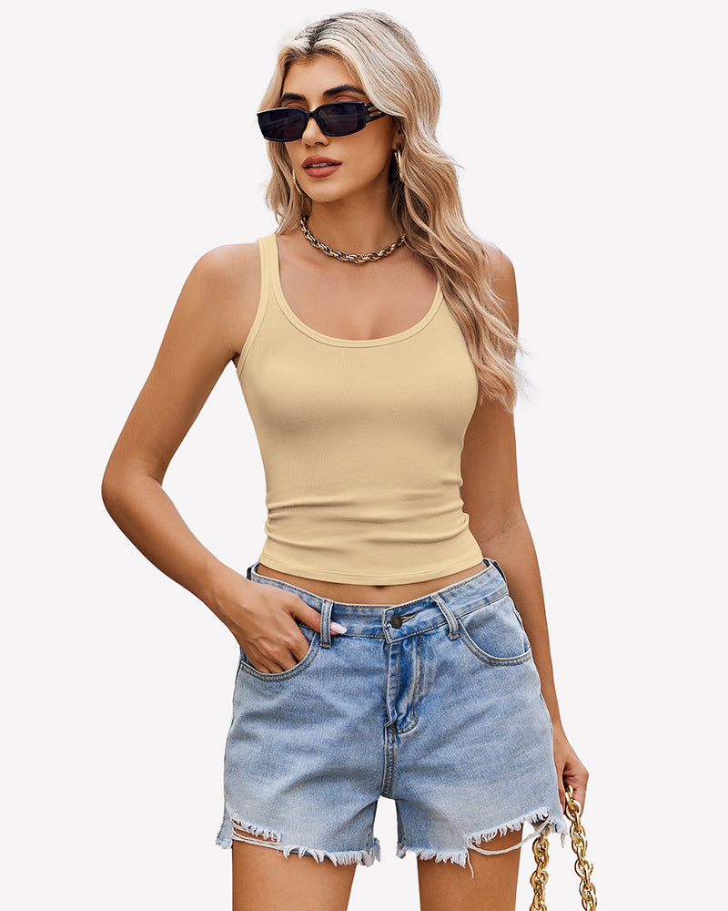 Light yellow ribbed racerback top with scoop neck, perfect for summer, paired with denim shorts