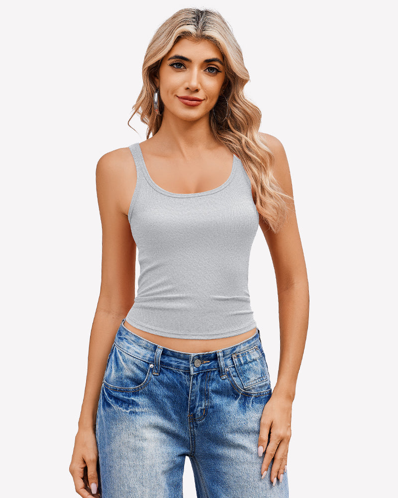 Grey ribbed racerback top, scoop neck, sleeveless, paired with jeans. Summer fashion.