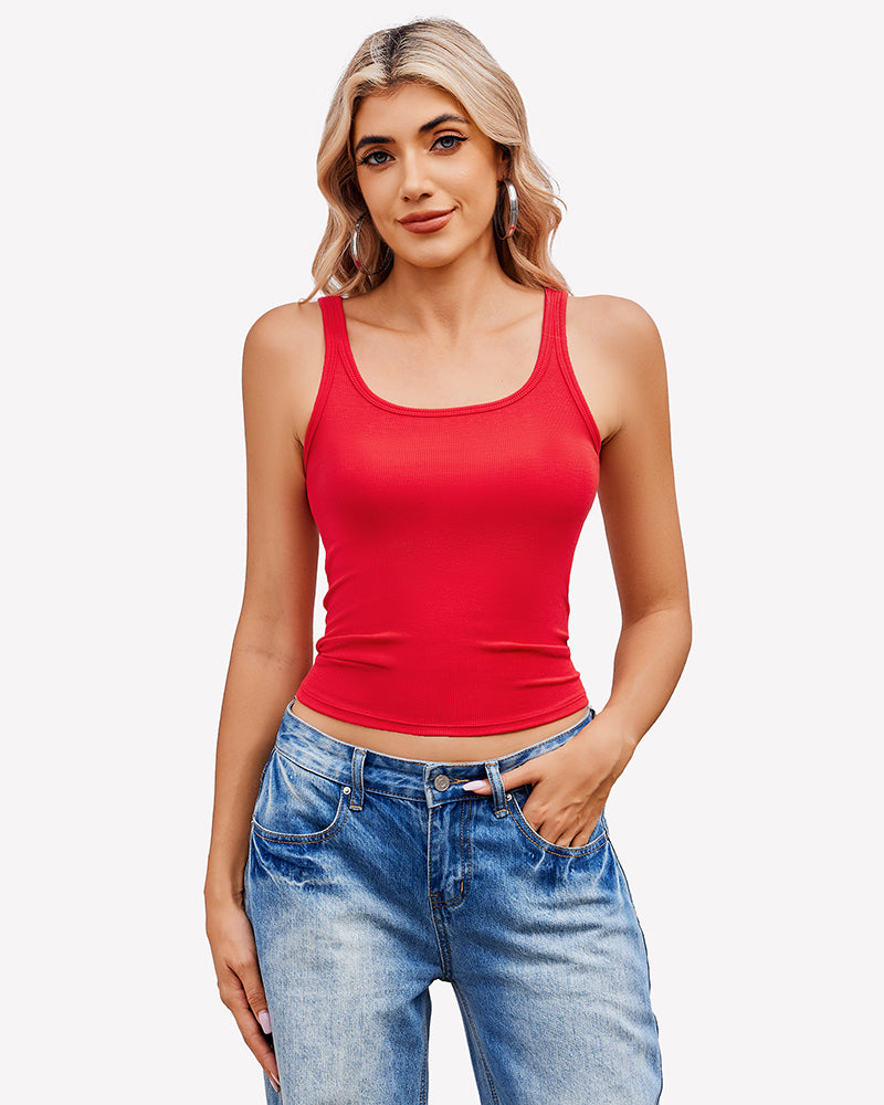 Red ribbed racerback top, sleeveless design, paired with denim jeans. Summer fashion.