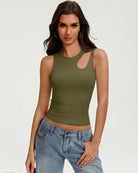 Army green fitted crop tank top with oval chest cutout and sleeveless crew neck