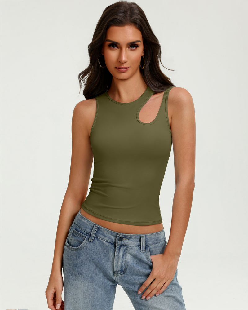 Army green fitted crop tank top with oval chest cutout and sleeveless crew neck