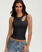 Black fitted crop tank top with oval cutout at chest and sleeveless crew neckline