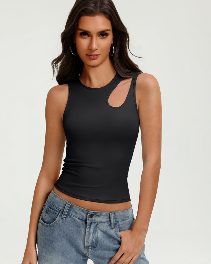 Black fitted crop tank top with oval cutout at chest and sleeveless crew neckline