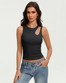 Black fitted crop tank top with sleeveless design and oval chest cutout