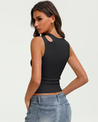 Black fitted crop tank top with oval chest cutout and sleeveless crew neck