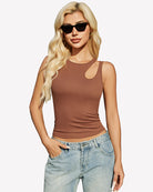 Fitted hollow-out crop tank top in brown with round neck and chest cutout