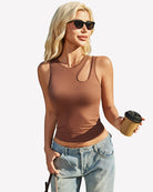 Fitted hollow-out crop tank top in brown with round neck and chest cutout, sleeveless