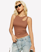 Fitted hollow-out crop tank top in brown, three-quarter angle, round neck and chest cutout