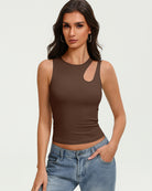 Brown fitted crop tank top with sleeveless cutout at chest and crew neckline